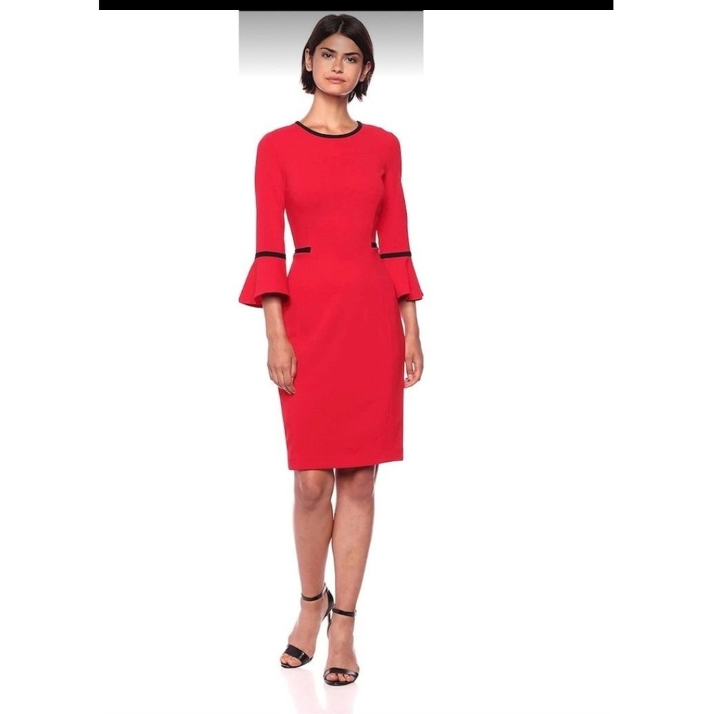 Calvin Klein Red Sheath Dress Bell Sleeve Black Trim Career Cocktail Size 10
